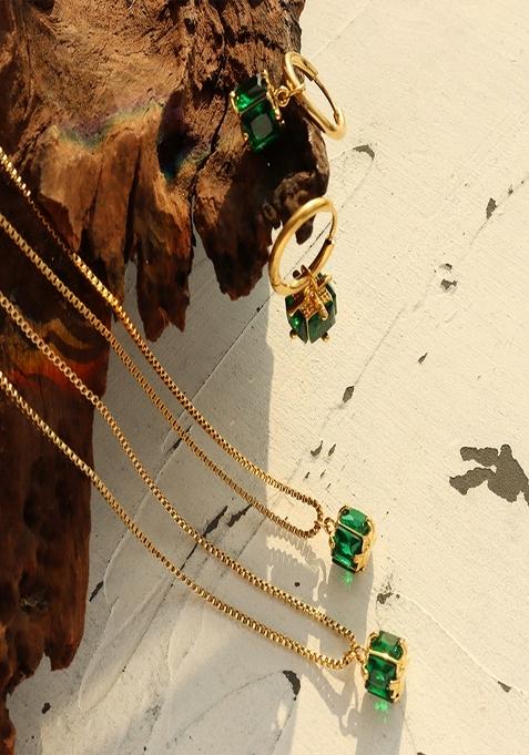 18K Gold Plated Anti Tarnish Green Box Square Zircon Pendant