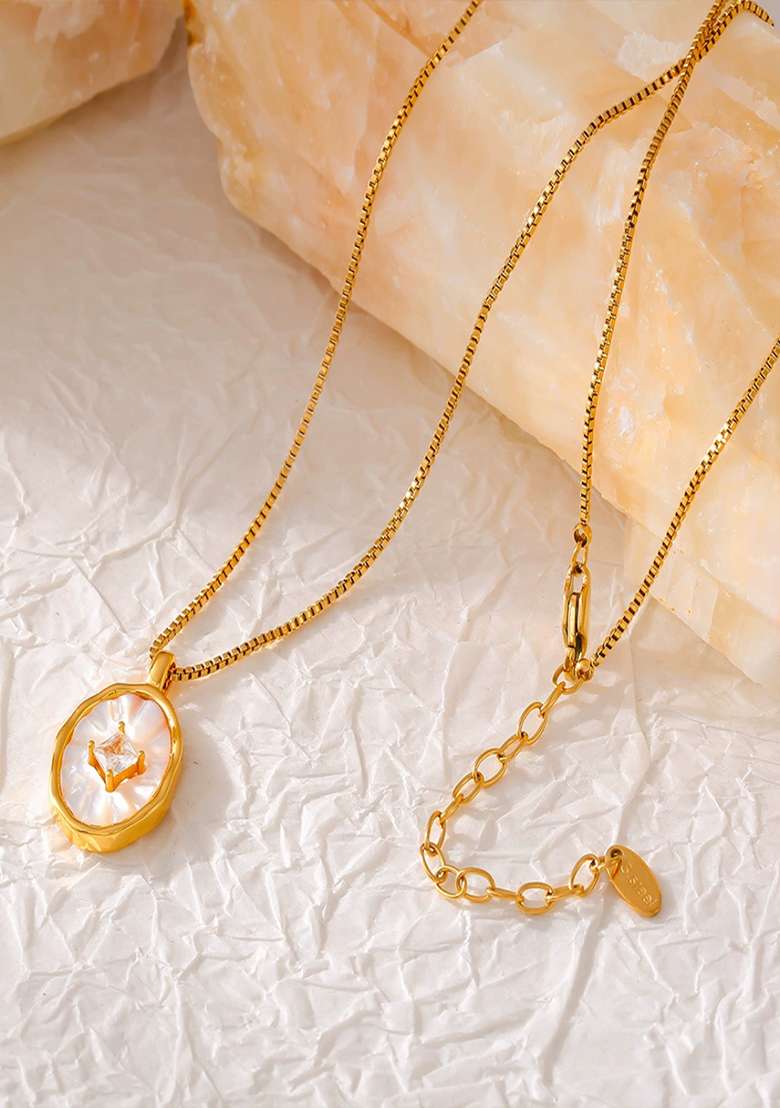 18K Gold Plated Anti Tarnish Oval White Shell Pendant With Zircon - Indya
