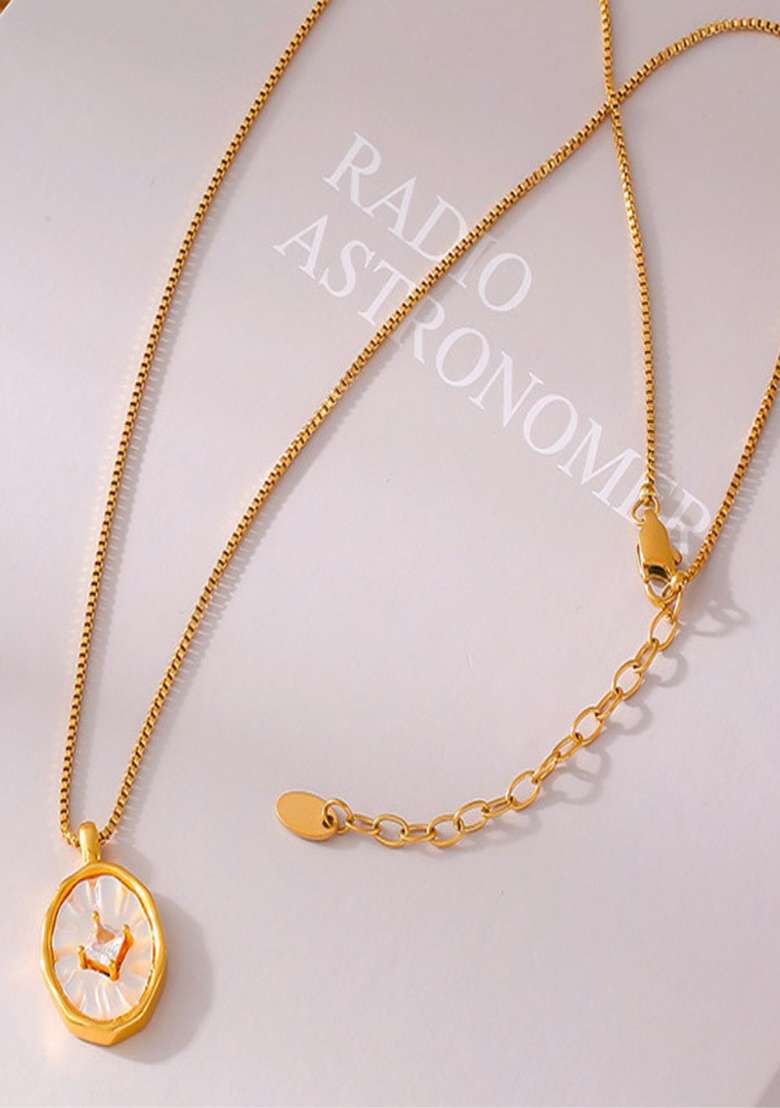 18K Gold Plated Anti Tarnish Oval White Shell Pendant With Zircon - Indya
