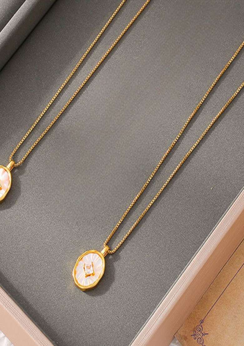 18K Gold Plated Anti Tarnish Oval White Shell Pendant With Zircon - Indya