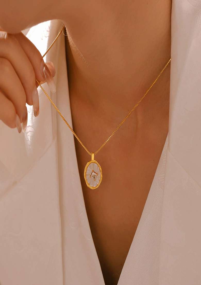 18K Gold Plated Anti Tarnish Oval White Shell Pendant With Zircon - Indya