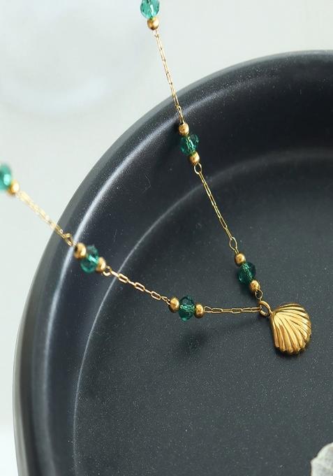 18K Gold Plated Anti Tarnish Shell And Green Crystal Pendant Necklace