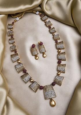 Gold Plated Ad Stoned Studded Haram And Earrings Set