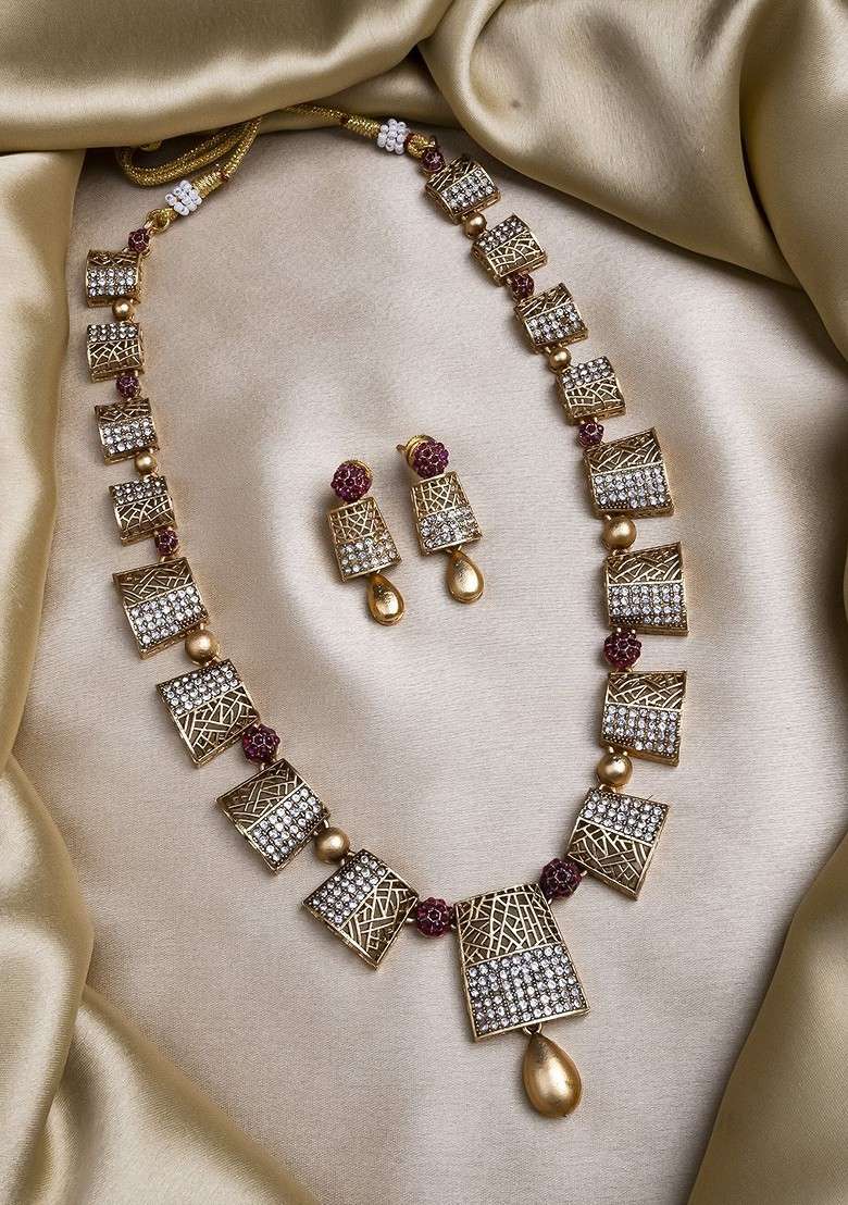 Gold Plated Ad Stoned Studded Haram And Earrings Set - Indya