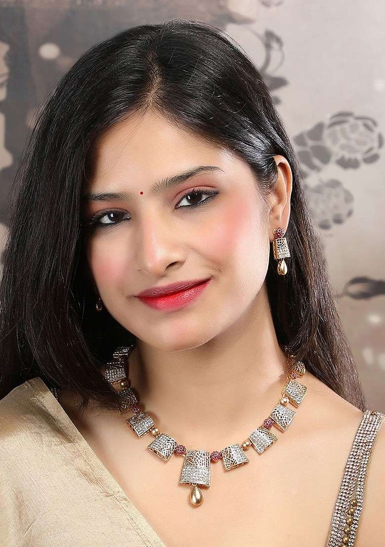 Gold Plated Ad Stoned Studded Haram And Earrings Set - Indya