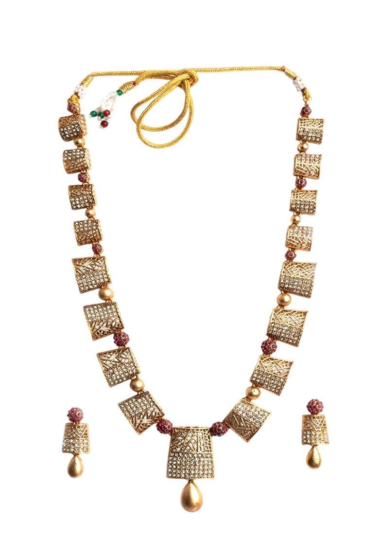 Gold Plated Ad Stoned Studded Haram And Earrings Set - Indya