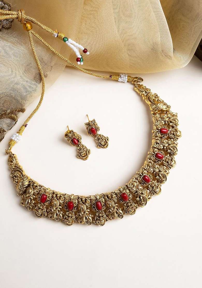 Gold Plated Red Stone Studded Antique Necklace With Earrings - Indya