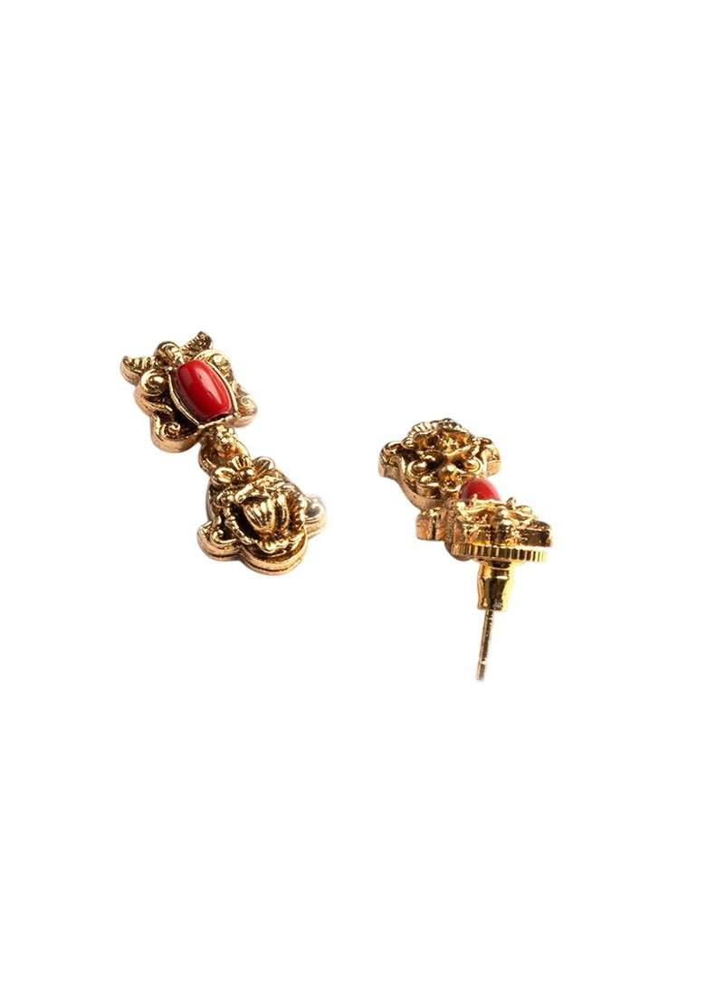 Gold Plated Red Stone Studded Antique Necklace With Earrings - Indya