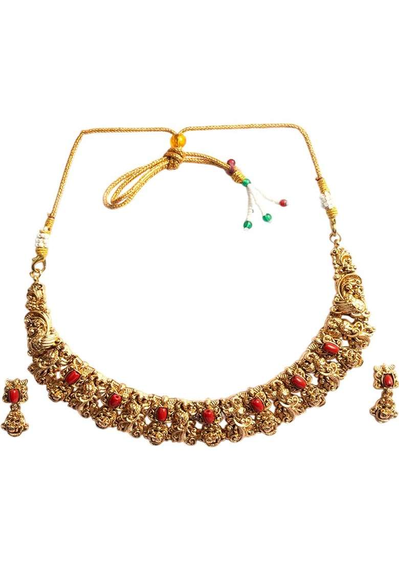 Gold Plated Red Stone Studded Antique Necklace With Earrings - Indya