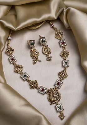 Gold Plated Sleek Peacock Necklace And Earrings Set