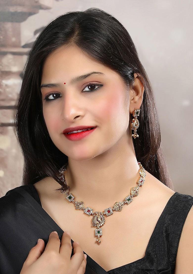 Gold Plated Sleek Peacock Necklace And Earrings Set - Indya