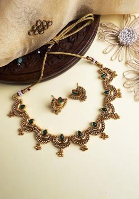 Gold Plated Green Stone Studded Half Moon Necklace With Earrings
