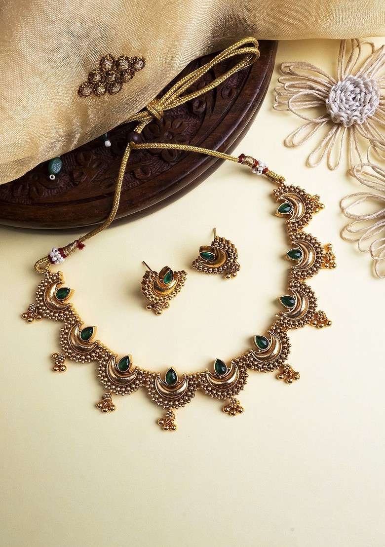 Gold Plated Green Stone Studded Half Moon Necklace With Earrings - Indya