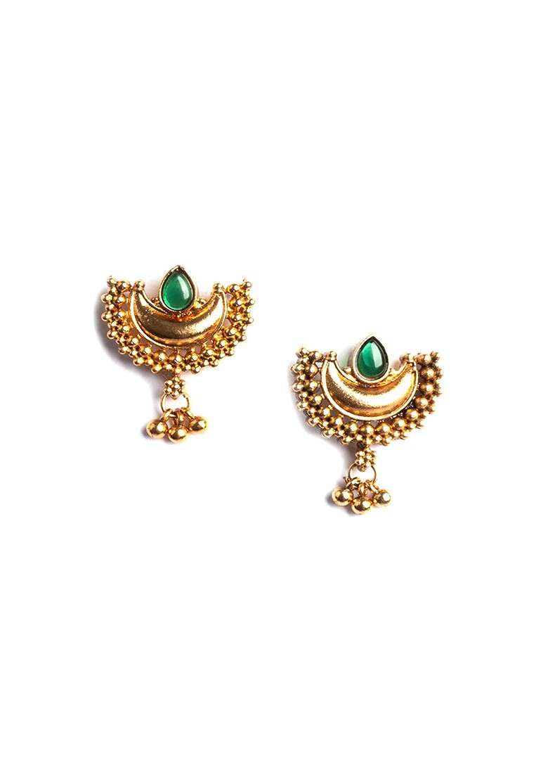 Gold Plated Green Stone Studded Half Moon Necklace With Earrings - Indya