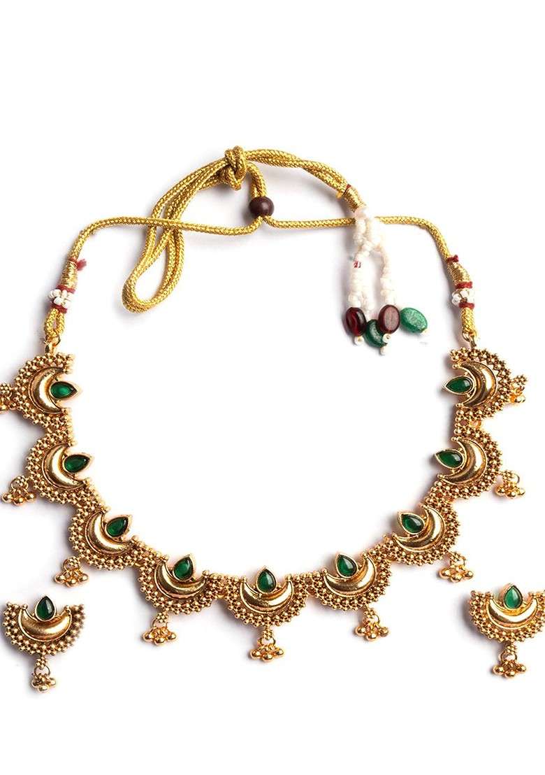 Gold Plated Green Stone Studded Half Moon Necklace With Earrings - Indya