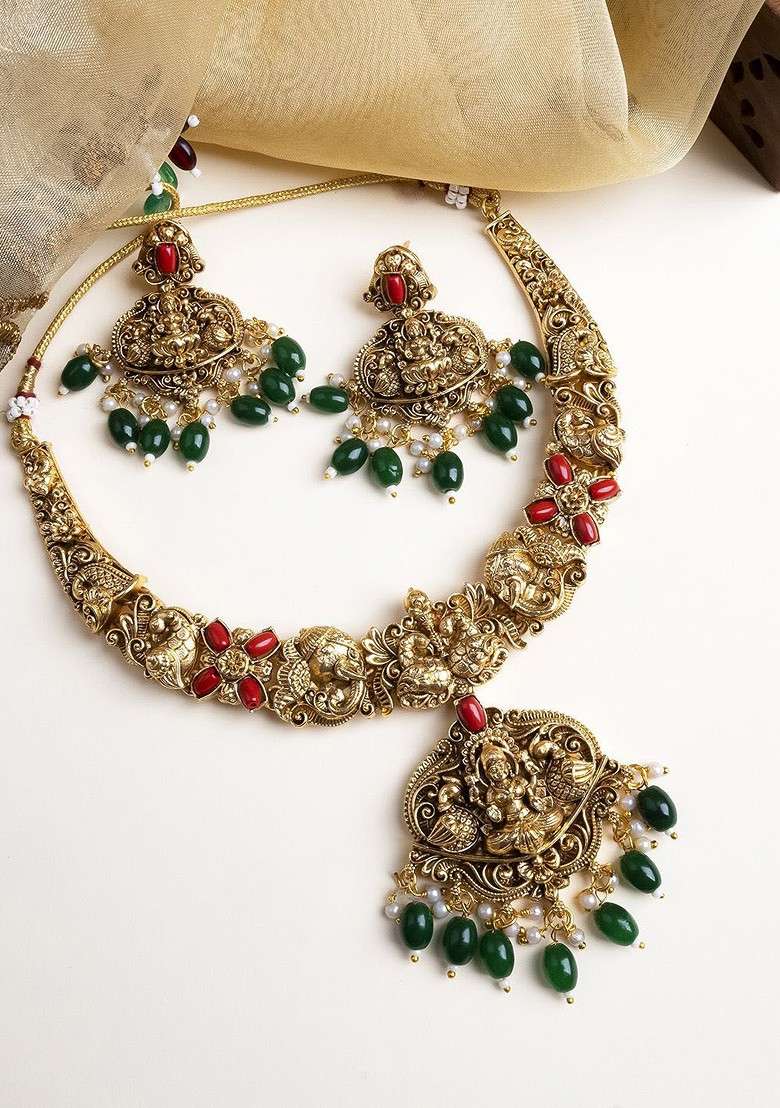Women Antique Finish Laxmi Necklace Set With Green Droplet Earrings - Indya