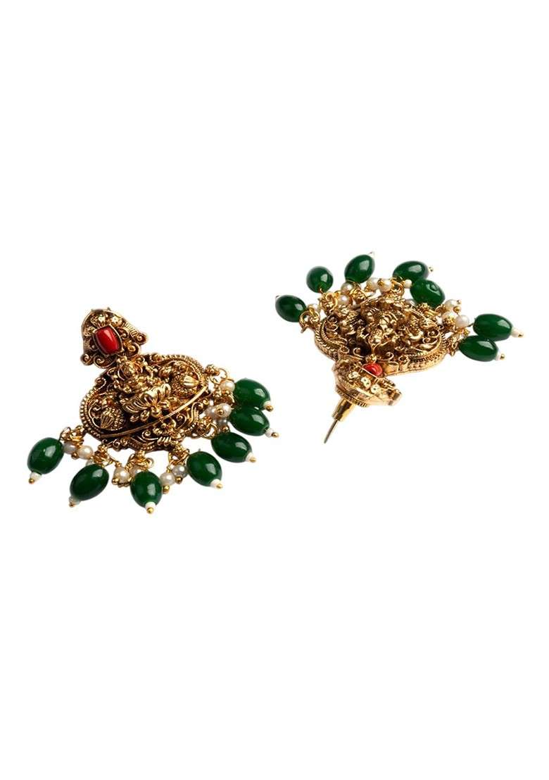 Women Antique Finish Laxmi Necklace Set With Green Droplet Earrings - Indya