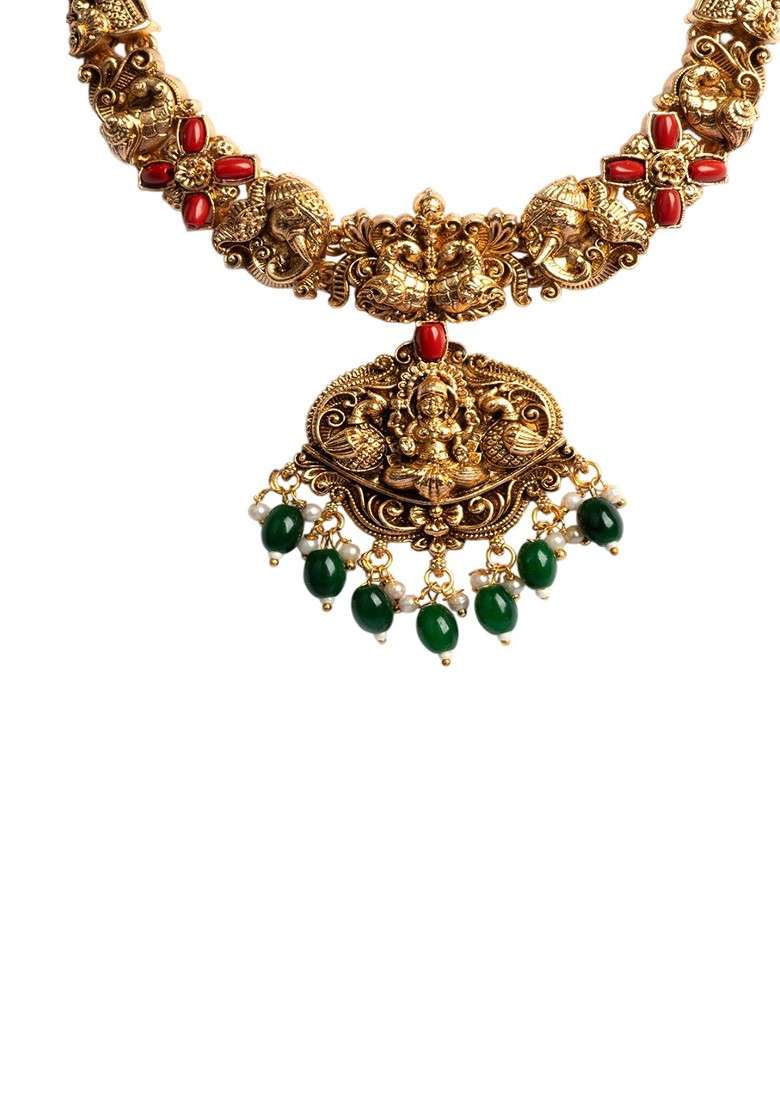 Women Antique Finish Laxmi Necklace Set With Green Droplet Earrings - Indya