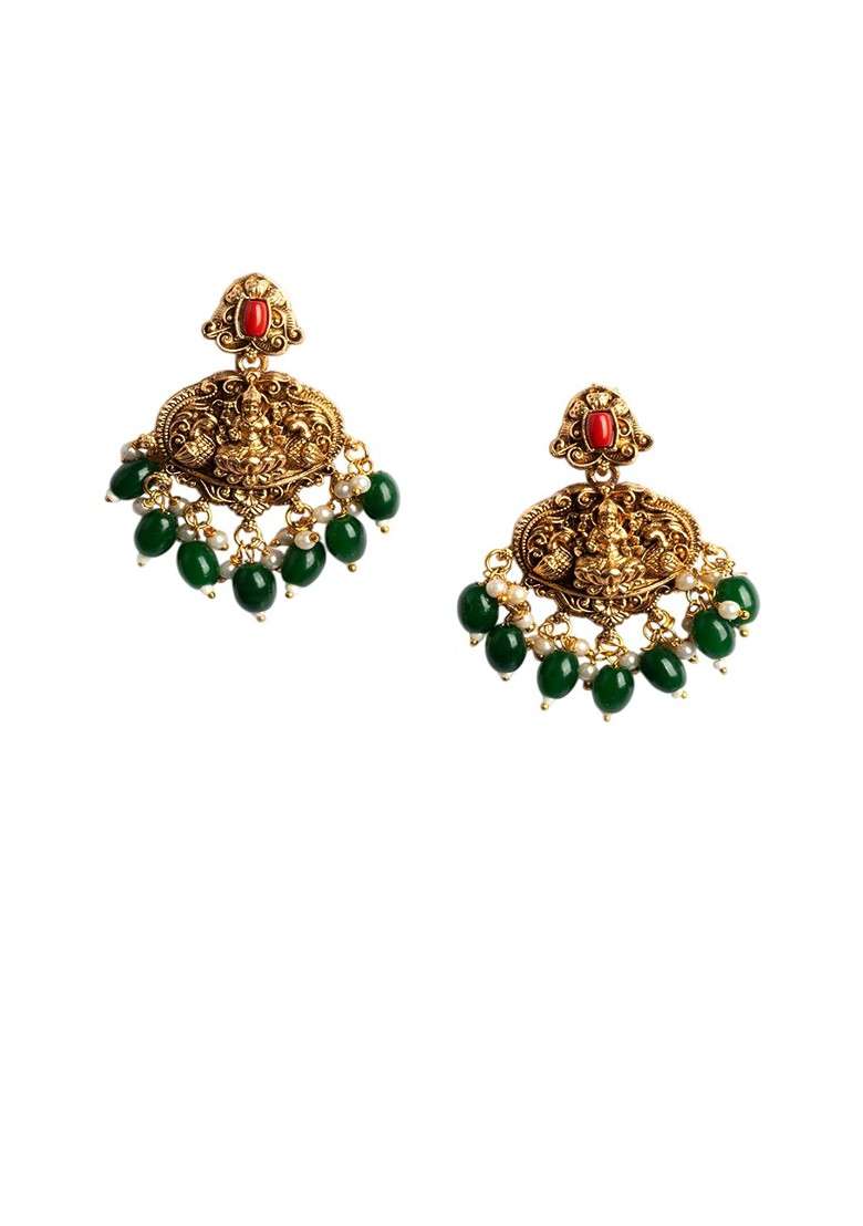 Women Antique Finish Laxmi Necklace Set With Green Droplet Earrings - Indya