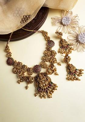Gold Plated Laxmi Necklace And Earrings Set