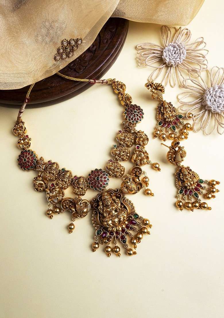 Gold Plated Laxmi Necklace And Earrings Set - Indya