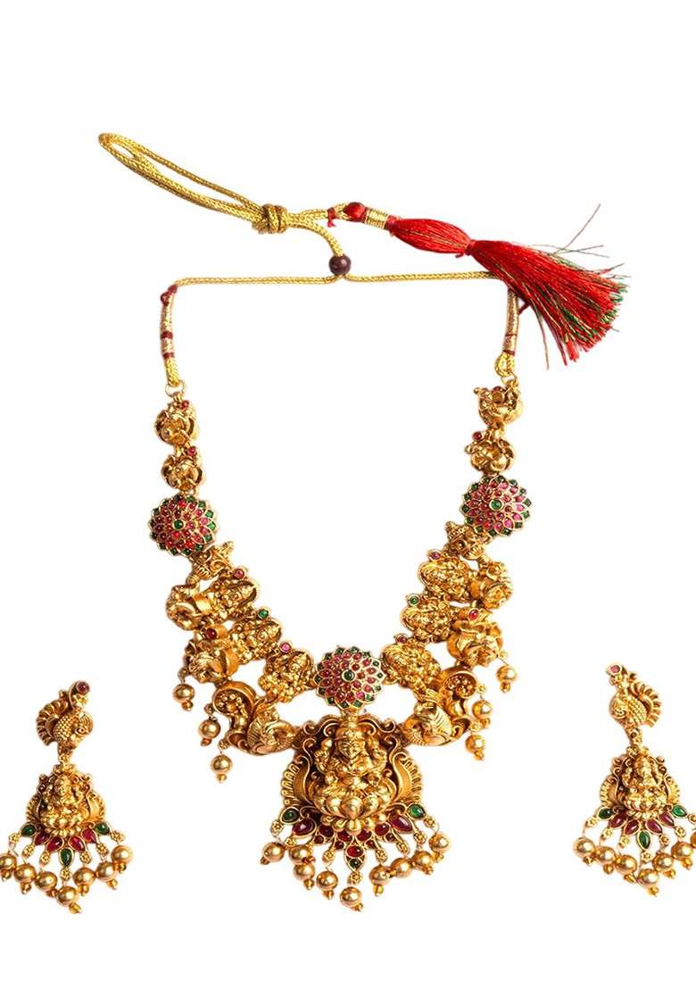 Gold Plated Laxmi Necklace And Earrings Set - Indya