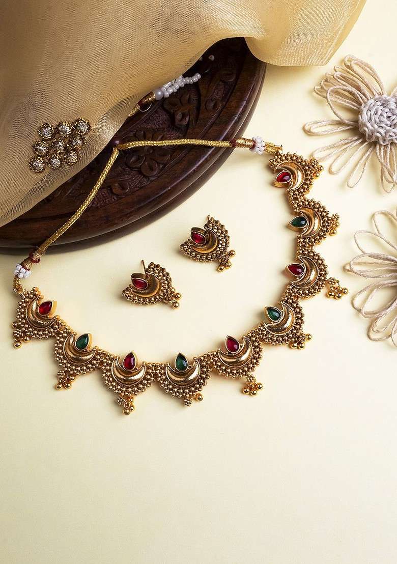 Gold Plated Red And Green Stone Studded Half Moon Necklace With Earrings - Indya