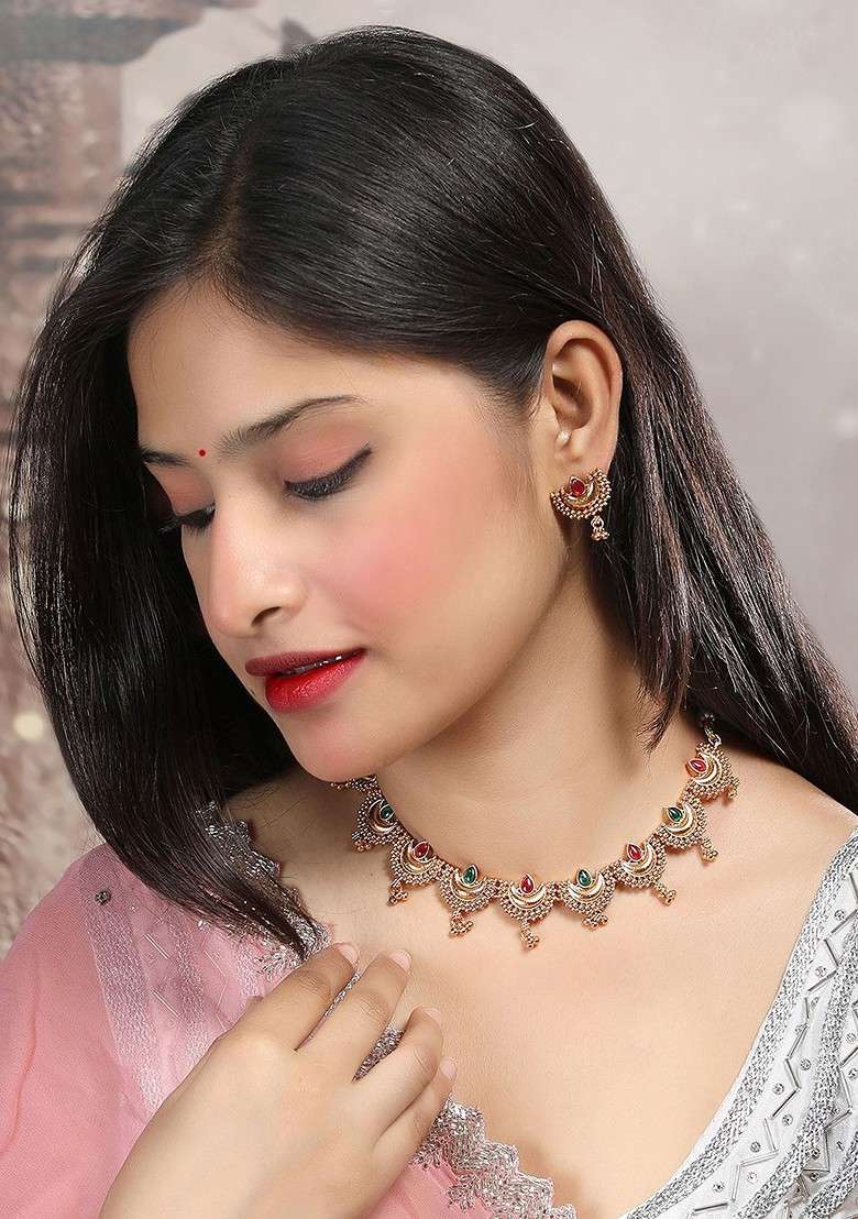 Gold Plated Red And Green Stone Studded Half Moon Necklace With Earrings - Indya