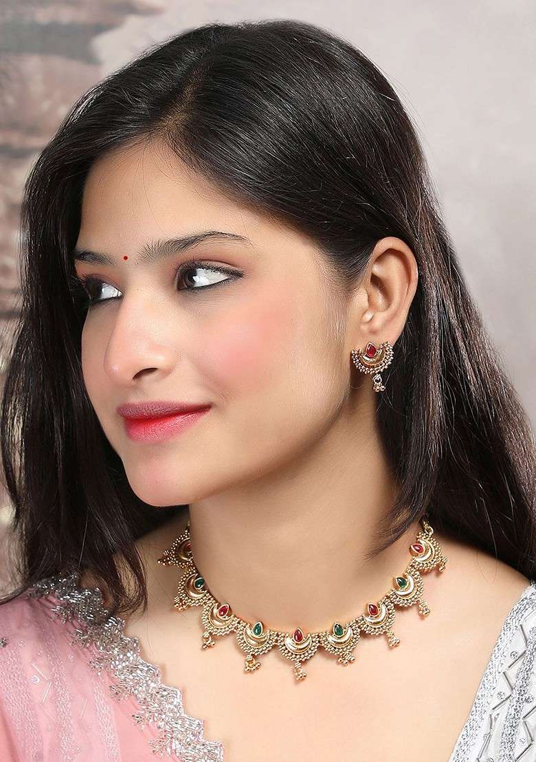 Gold Plated Red And Green Stone Studded Half Moon Necklace With Earrings - Indya