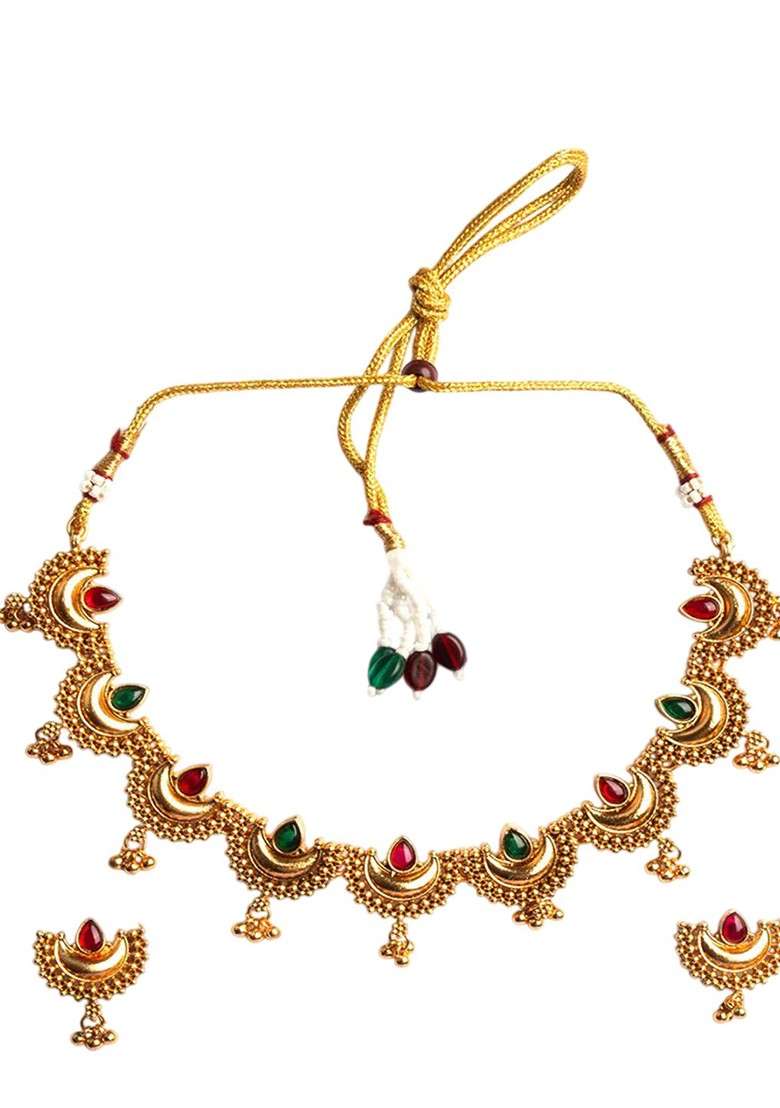 Gold Plated Red And Green Stone Studded Half Moon Necklace With Earrings - Indya