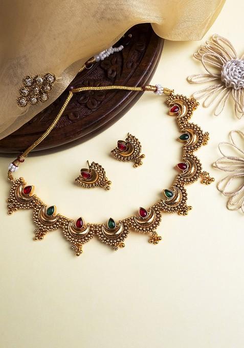 Gold Plated Red And Green Stone Studded Half Moon Necklace With Earrings