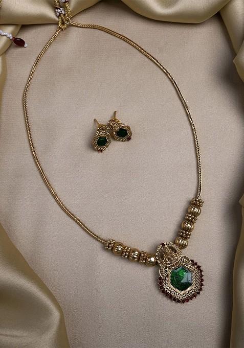 Green Meenakari And Beads Necklace Set With Earrings