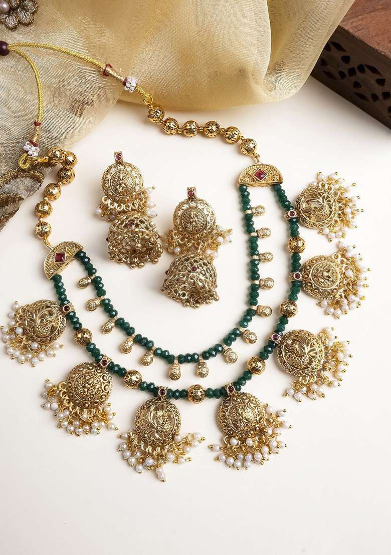 Gold Plated Onyx Layered Temple Necklace And Earrings Set - Indya