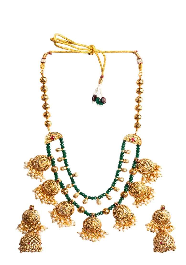 Gold Plated Onyx Layered Temple Necklace And Earrings Set - Indya