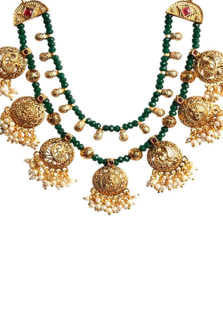 Gold Plated Onyx Layered Temple Necklace And Earrings Set - Indya