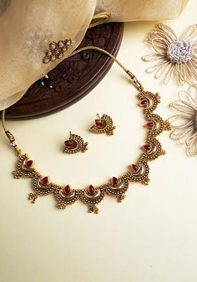 Gold Plated Red Stone Studded Half Moon Necklace With Earrings