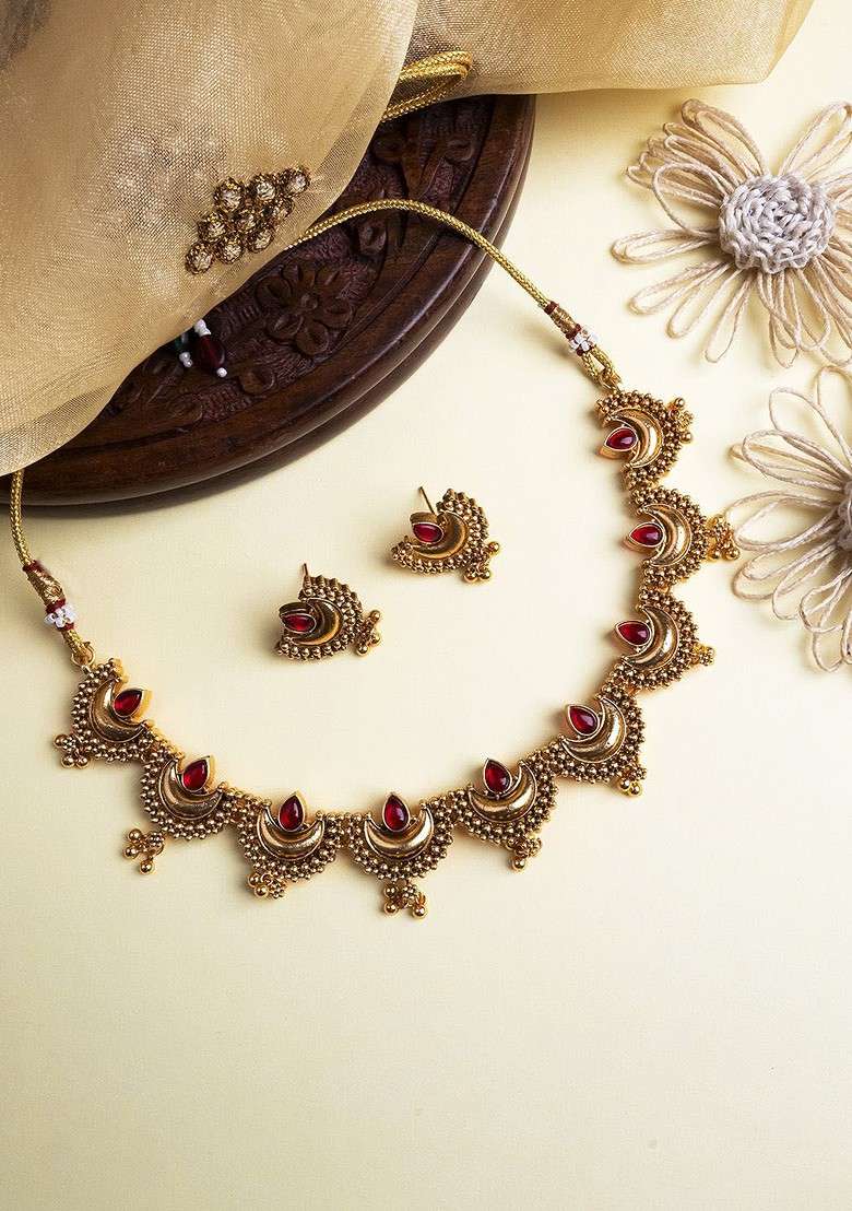 Gold Plated Red Stone Studded Half Moon Necklace With Earrings - Indya