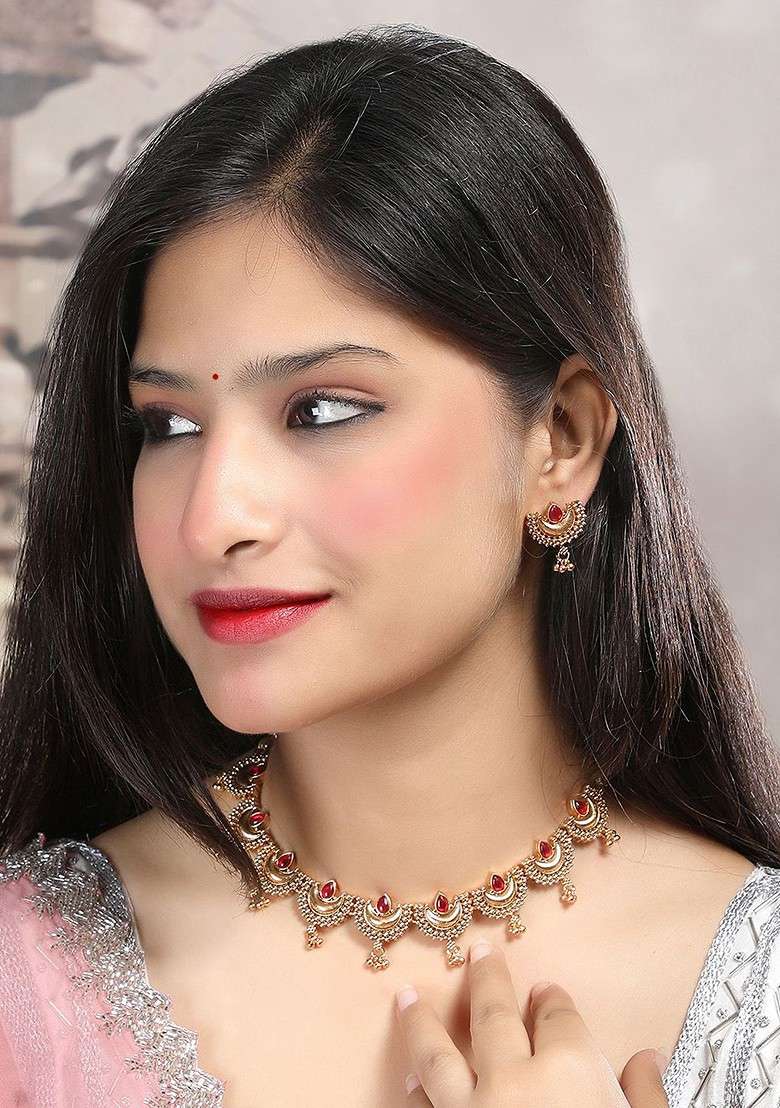 Gold Plated Red Stone Studded Half Moon Necklace With Earrings - Indya