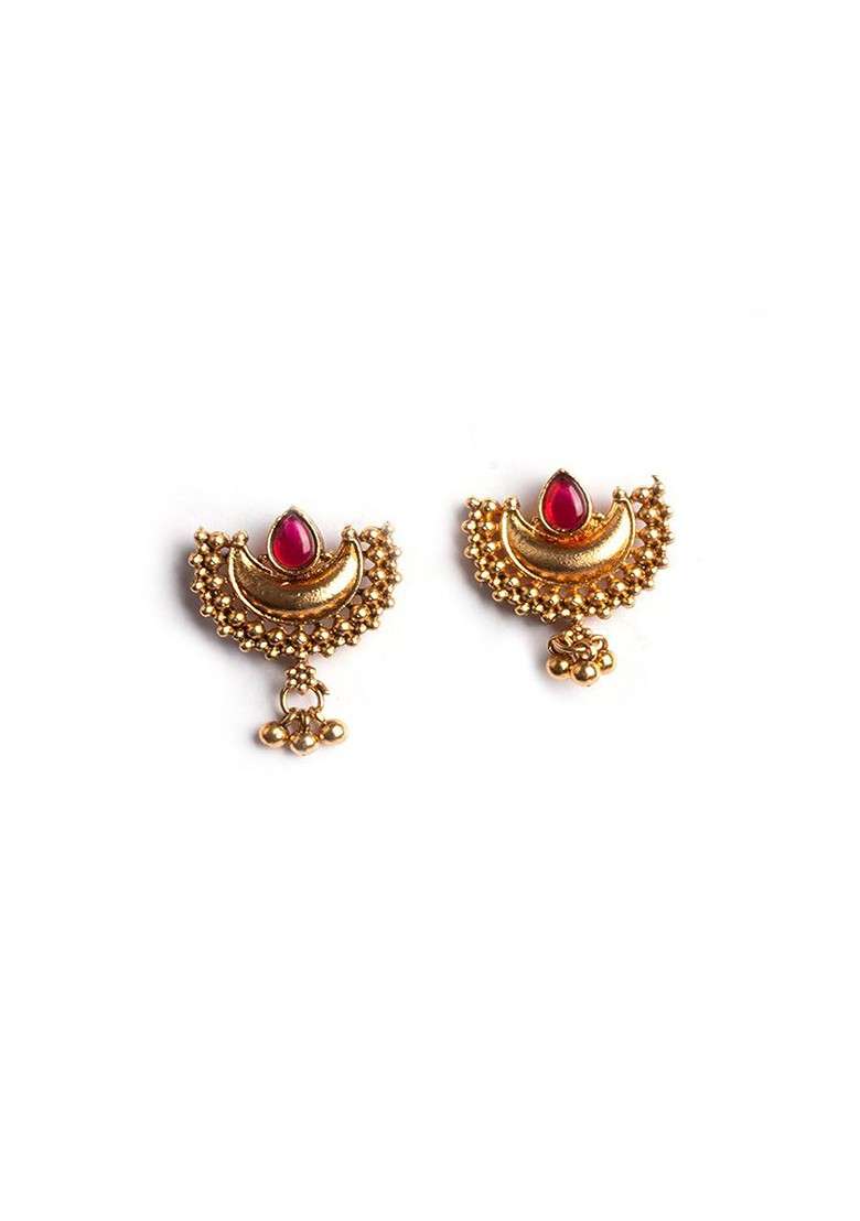 Gold Plated Red Stone Studded Half Moon Necklace With Earrings - Indya