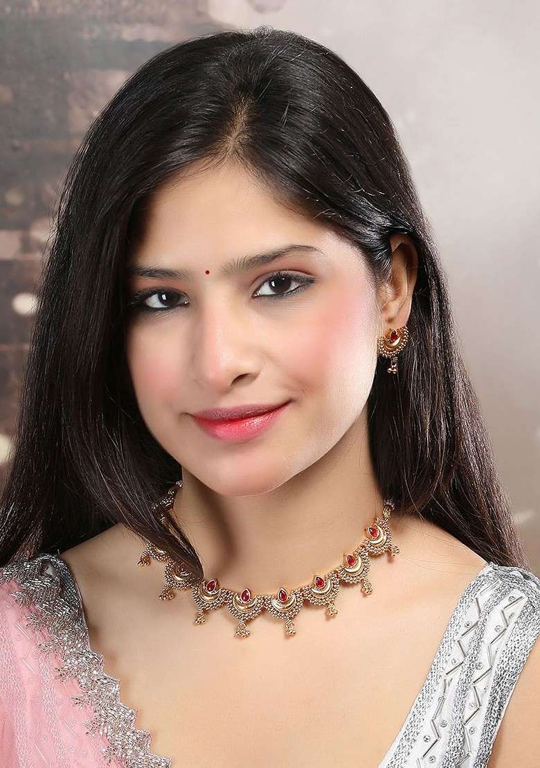 Gold Plated Red Stone Studded Half Moon Necklace With Earrings - Indya
