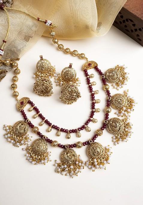 Gold Plated Onyx Filigree Necklace Set With Earrings