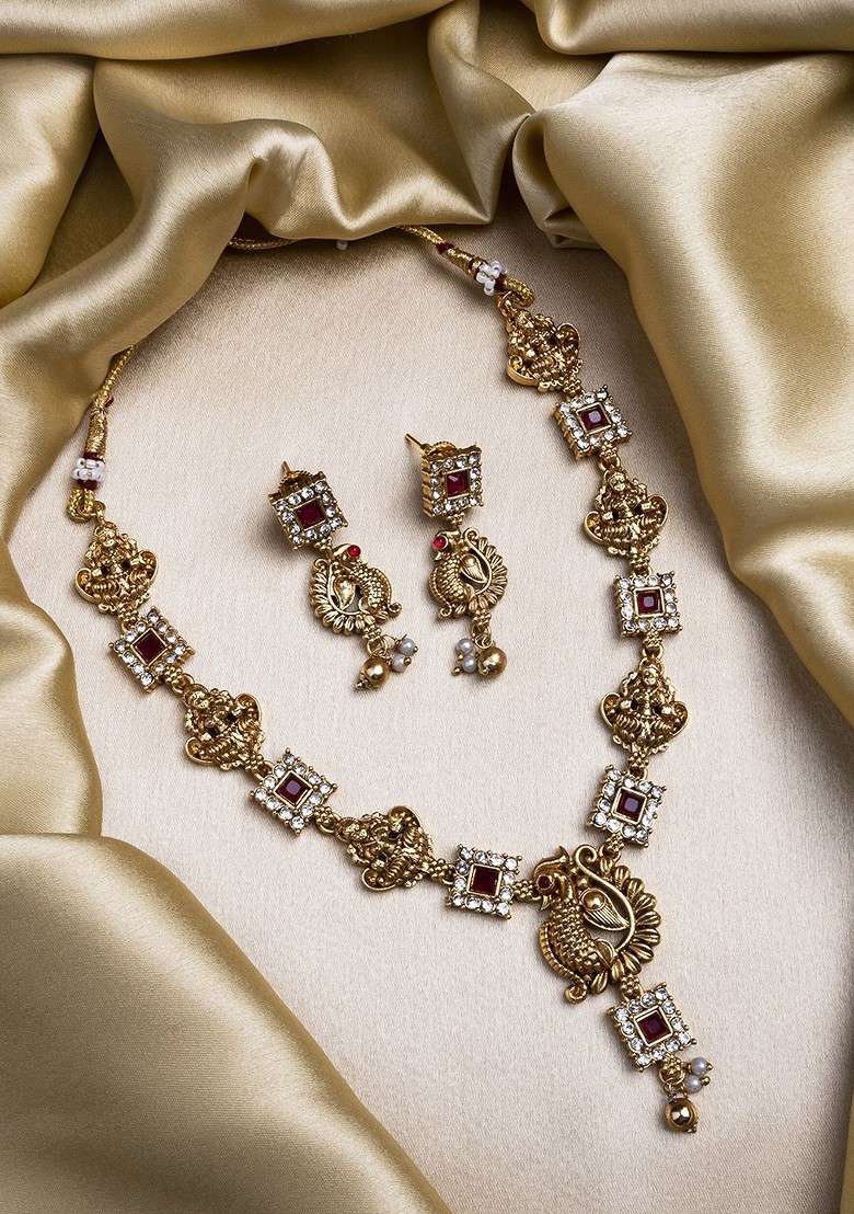 Gold Plated Sleek Peacock Necklace And Earrings Set - Indya