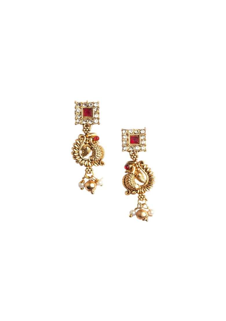Gold Plated Sleek Peacock Necklace And Earrings Set - Indya