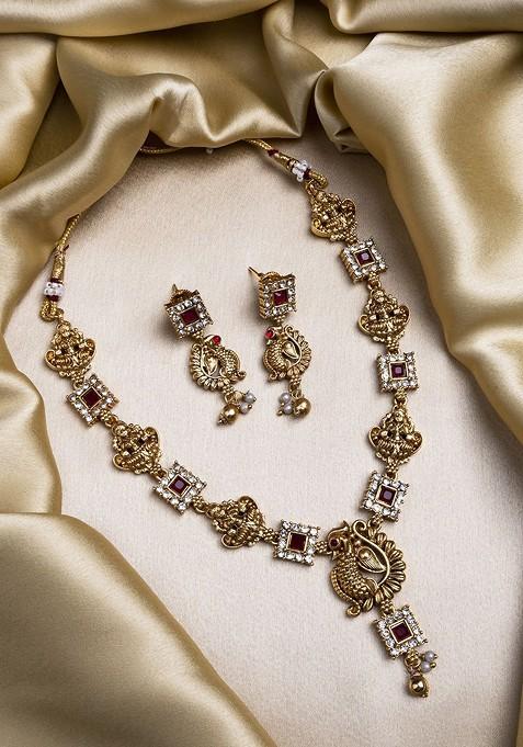 Gold Plated Sleek Peacock Necklace And Earrings Set