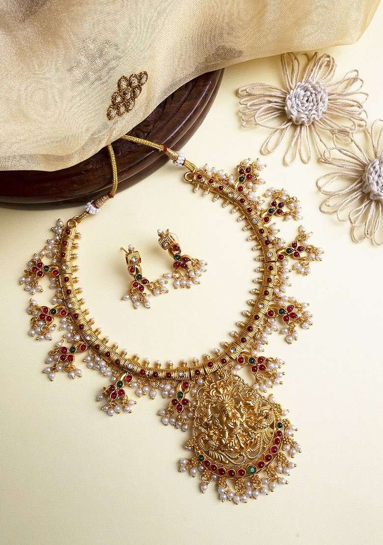 Gold Plated Guttupusalu Necklace And Earrings Set - Indya