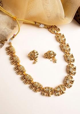 Gold Matte Finish Gajanan Necklace Set With Earrings