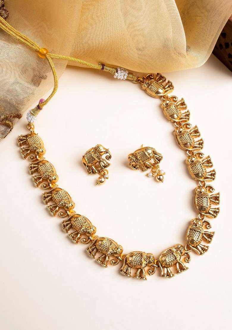 Gold Matte Finish Gajanan Necklace Set With Earrings - Indya