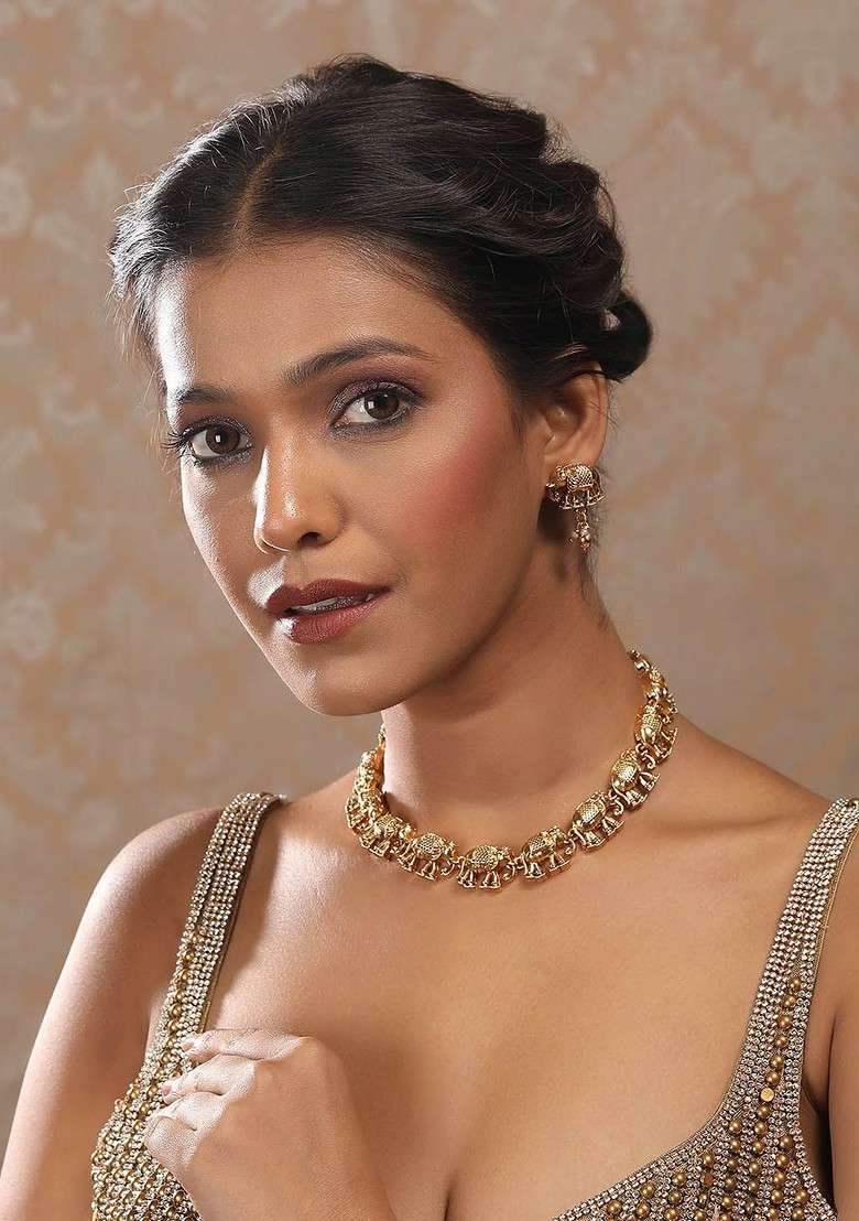 Gold Matte Finish Gajanan Necklace Set With Earrings - Indya