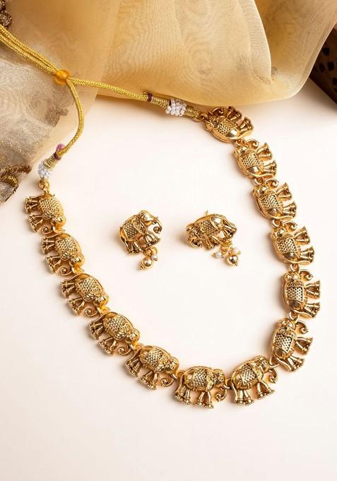Gold Matte Finish Gajanan Necklace Set With Earrings