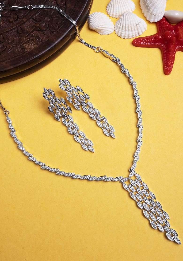 Silver Plated Cubic Zirconia American Diamond Studded Jewellery Set - Indya